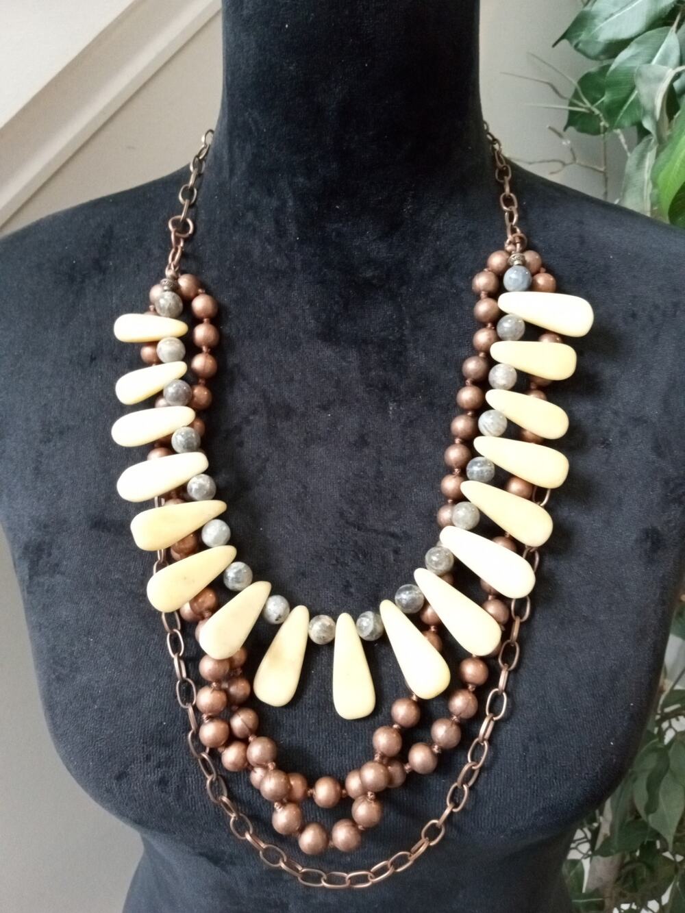 Layered Wood Bead Ivory Spike Statement Necklace Boho Tribal Multi Strand Chic